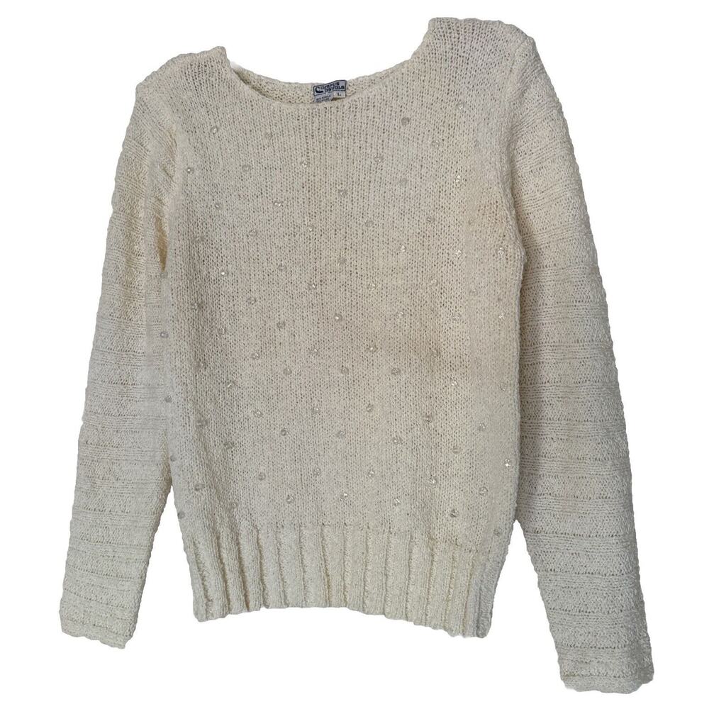 Vintage Sweater Vtg 70s 80s Cream Round Neck Embellishment Pullover Women’s Sz L